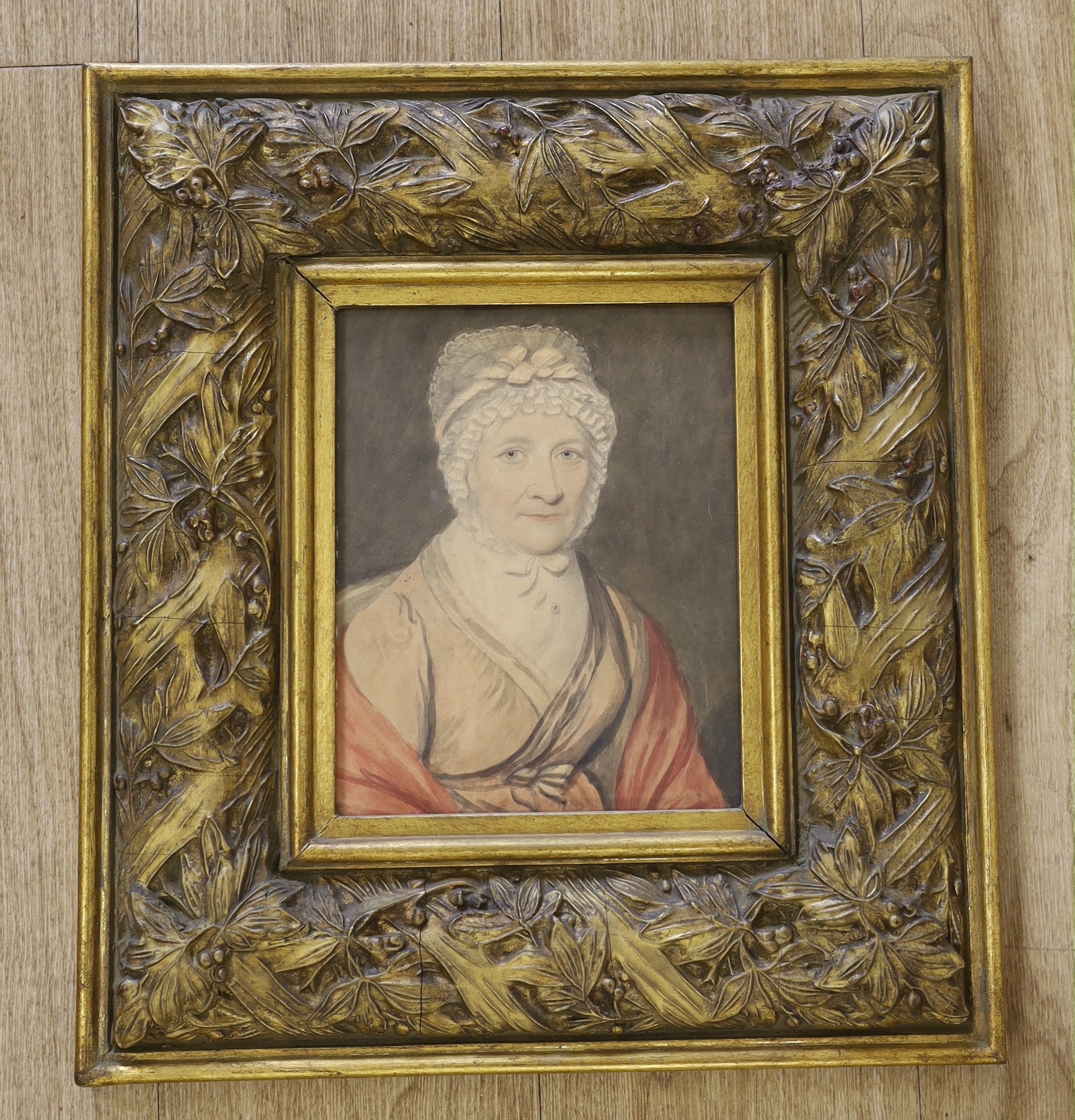 Late 18th century English School, watercolour, Portrait of Mrs Leighton of Abbeytheine (1731-1817), inscribed verso, 24 x 19cm, ornate gilt frame